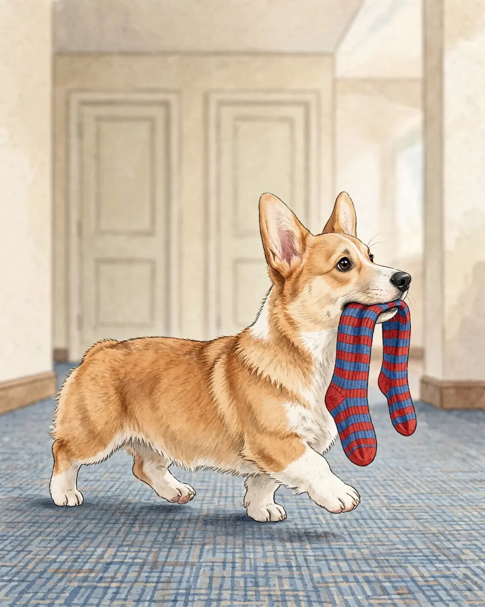An upstairs landing with a carpet in soft daylight. Pickle trots along the carpet carrying one long red-and-blue striped sock in his mouth, the sock dangling beside his chest.