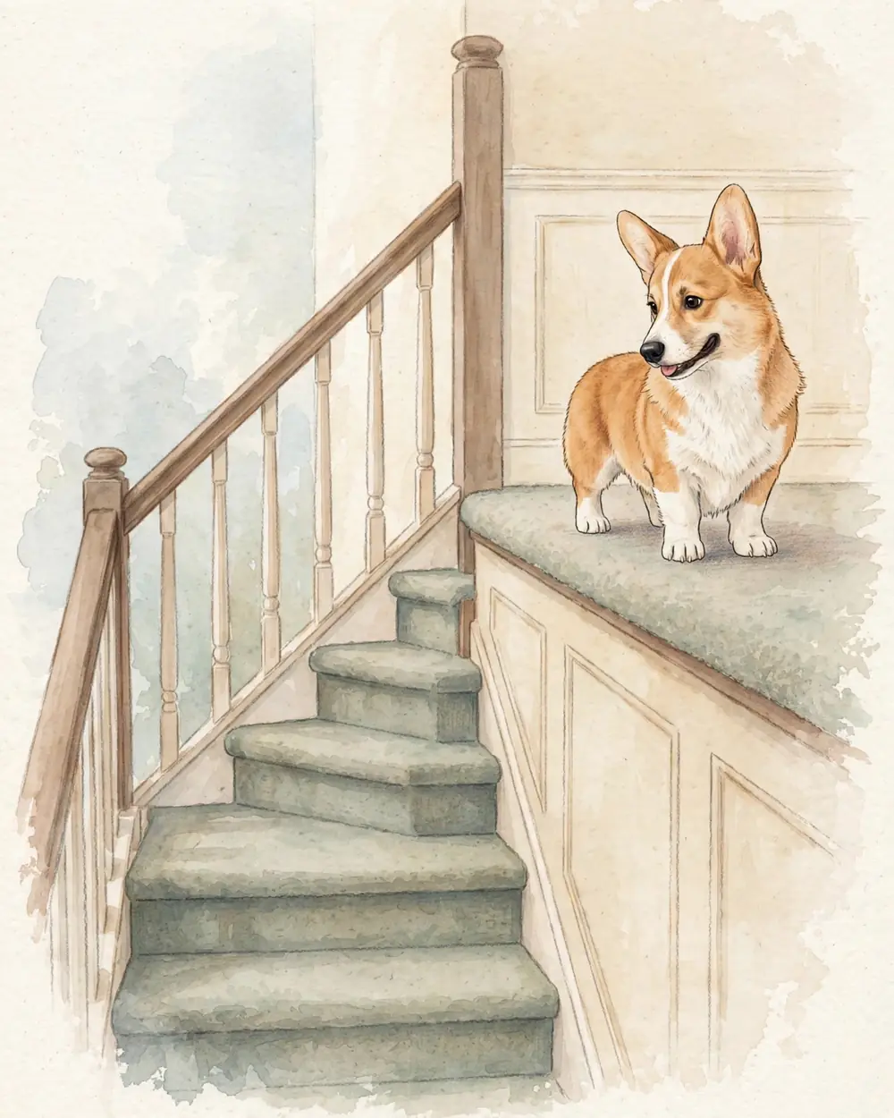 The top of a carpeted staircase in a house, soft daylight. Pickle stands on the landing at the very top, all four paws on the landing floor, looking back down the stairs he has just climbed; the stairs fall away below him.