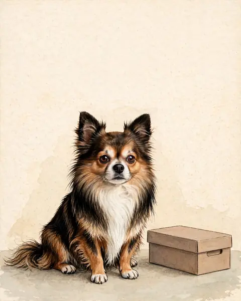 A small long-haired Chihuahua, black, tan and white with a white chest and enormous ears, sitting upright beside a shoebox-sized carrier, against plain wall colours.