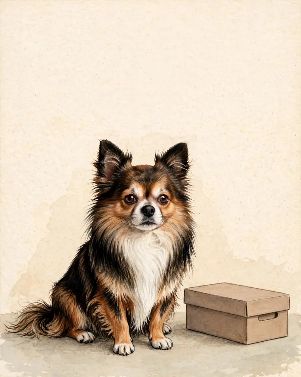 A small long-haired Chihuahua, black, tan and white with a white chest and enormous ears, sitting upright beside a shoebox-sized carrier, against plain wall colours.