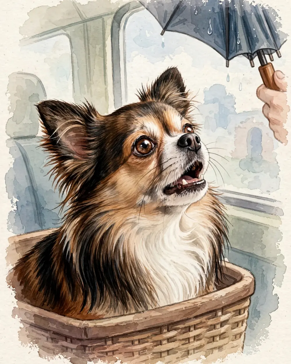 Interior of a bus, Pip's head and shoulders visible above the rim of a shoebox-sized carrier, a man's umbrella held above nearby, a window with daylight.
