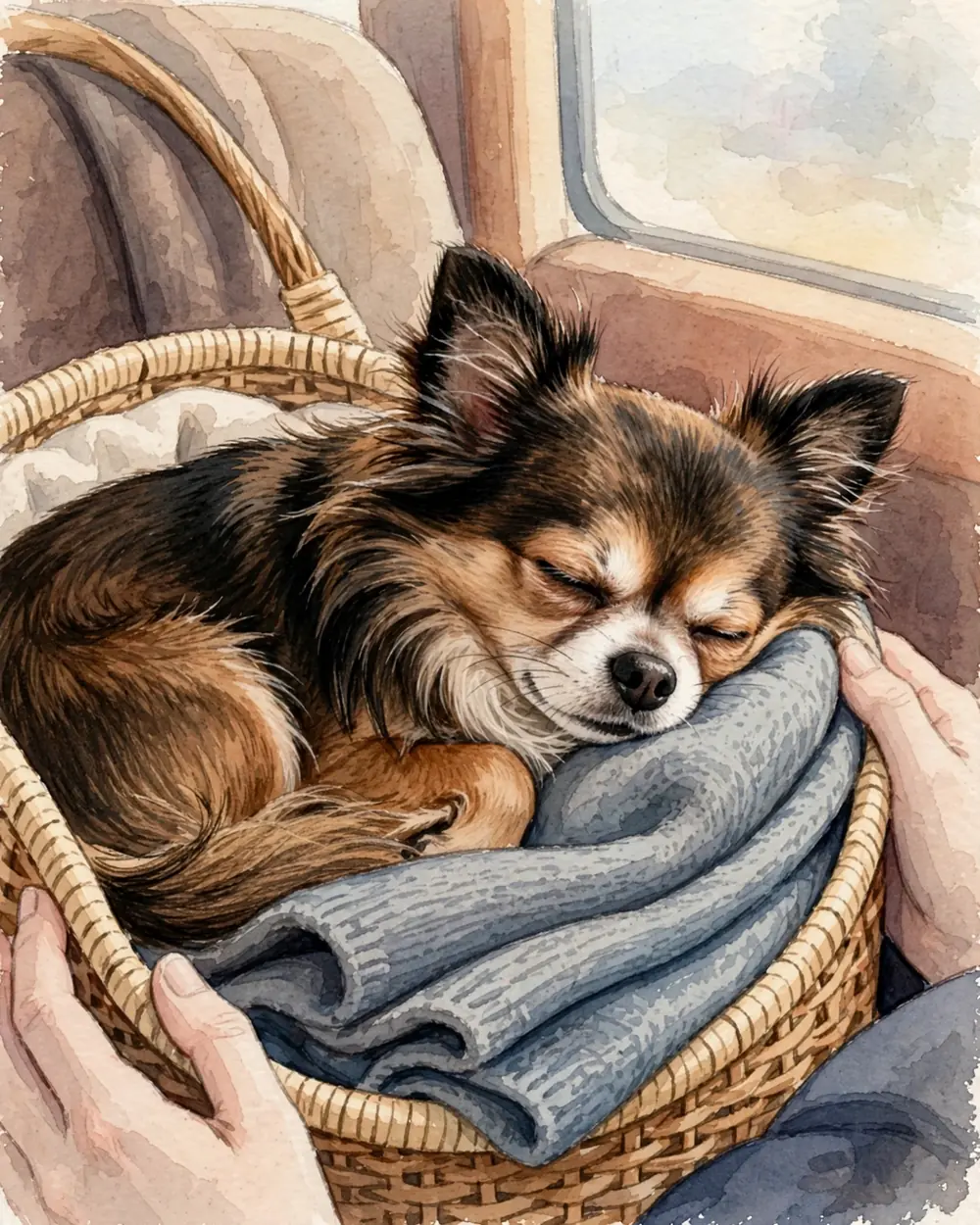 Pip curled asleep on a folded scarf inside a shoebox-sized carrier on a bus seat, soft window light, warm colours.