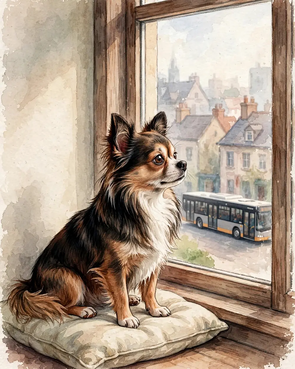 Pip sitting on a cushion on a windowsill above a city street, morning light, rooftops and a distant bus in soft washes of grey and amber.