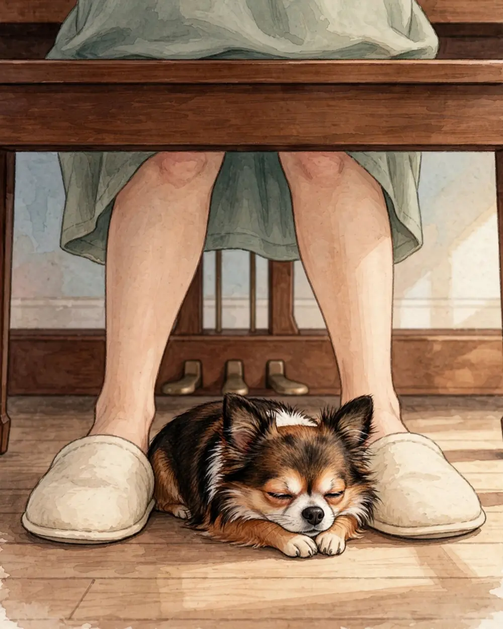 Pip lying under a piano stool between a woman's slippered feet, warm afternoon light on a wooden floor, a piano's lower case and pedals.