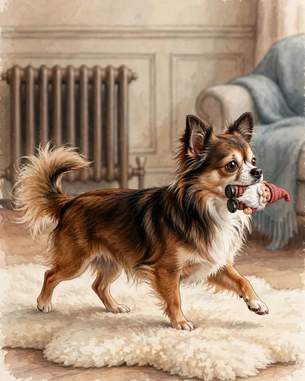 Pip trotting across a rug carrying a small gnome with a red knitted hat by its beard, warm indoor colours, a radiator behind.