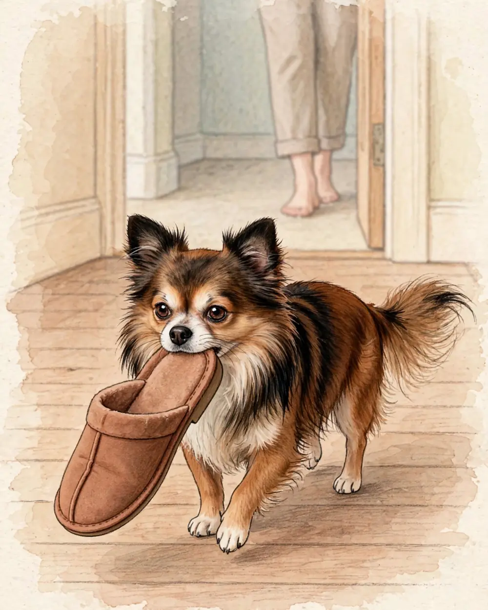 Pip carrying a slipper in her mouth across a wooden floor toward a doorway, soft daylight, warm interior colours.