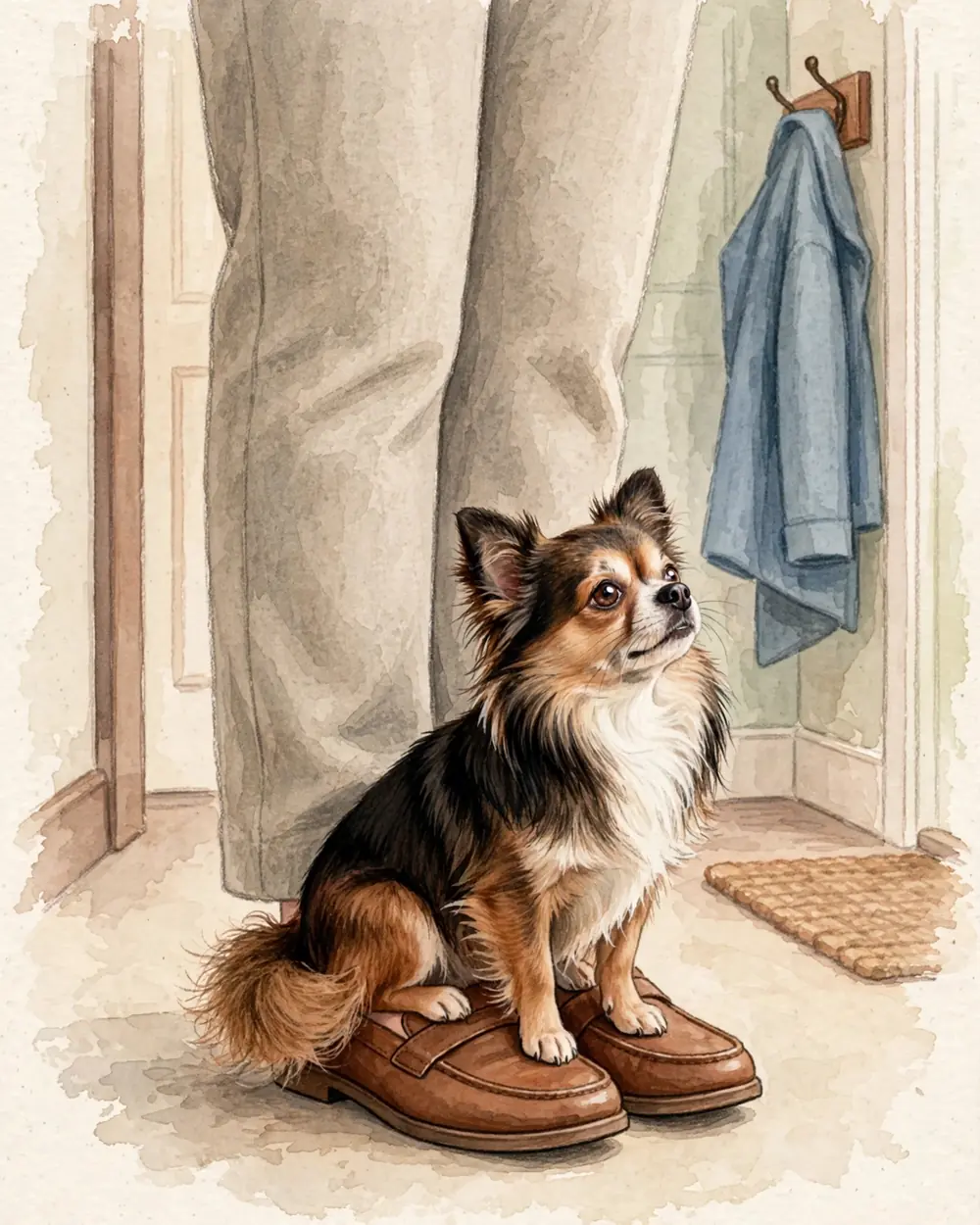 Pip sitting on a woman's feet in a doorway or hallway, Sunday coat hung nearby, warm homely colours.