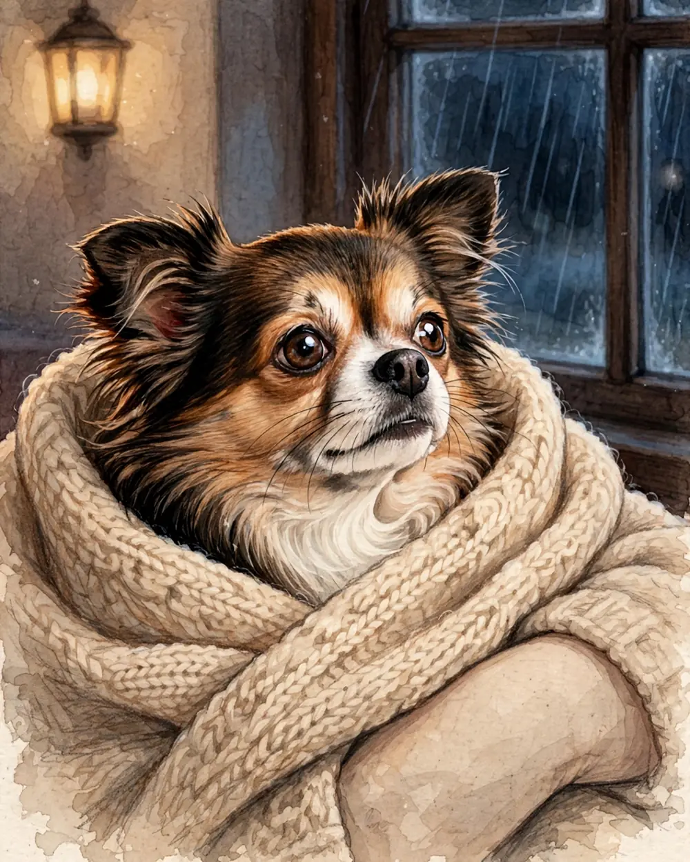 Pip's face emerging from the folds of a large knitted cardigan, a dark window with rain streaks beyond, lamplight inside.
