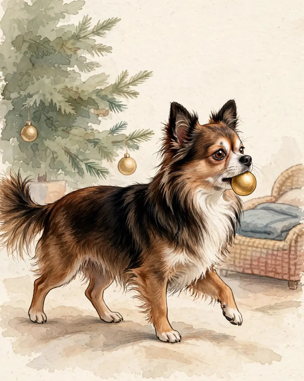 Pip carrying a round gold bauble in her mouth past a decorated tree with low branches, her small bed in view, warm Christmas colours.