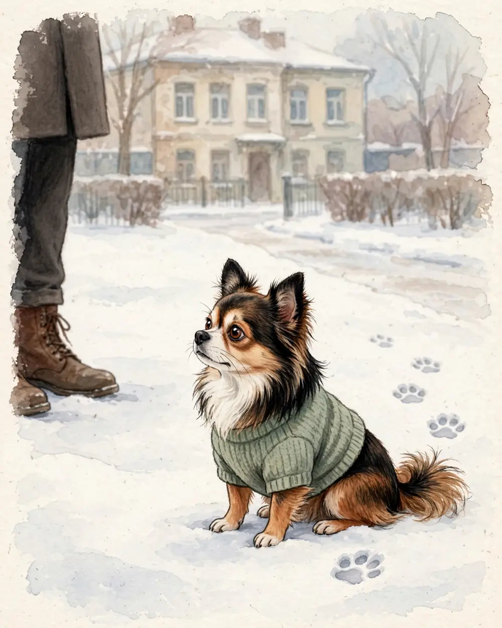 Pip sitting in a few paw-deep prints in fresh snow at the edge of a tiny park, wearing a little knitted jumper, the old building across the road behind.