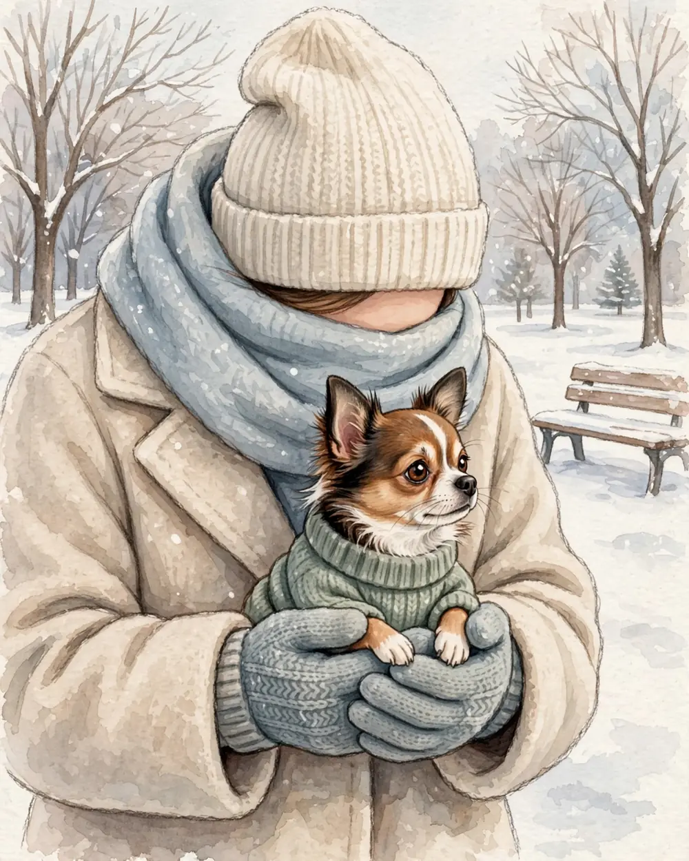 Pip in a little knitted jumper held in a woman's arms above the snow, the tiny park's bare trees and white ground, a bench dusted with snow.
