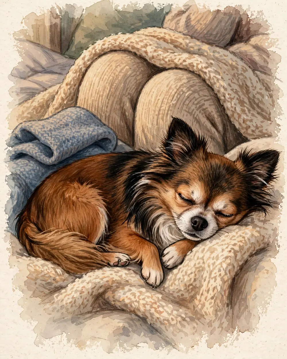 Pip curled asleep in the crook of a woman's knees under a knitted blanket, a scarf folded nearby, warm evening lamp colours.