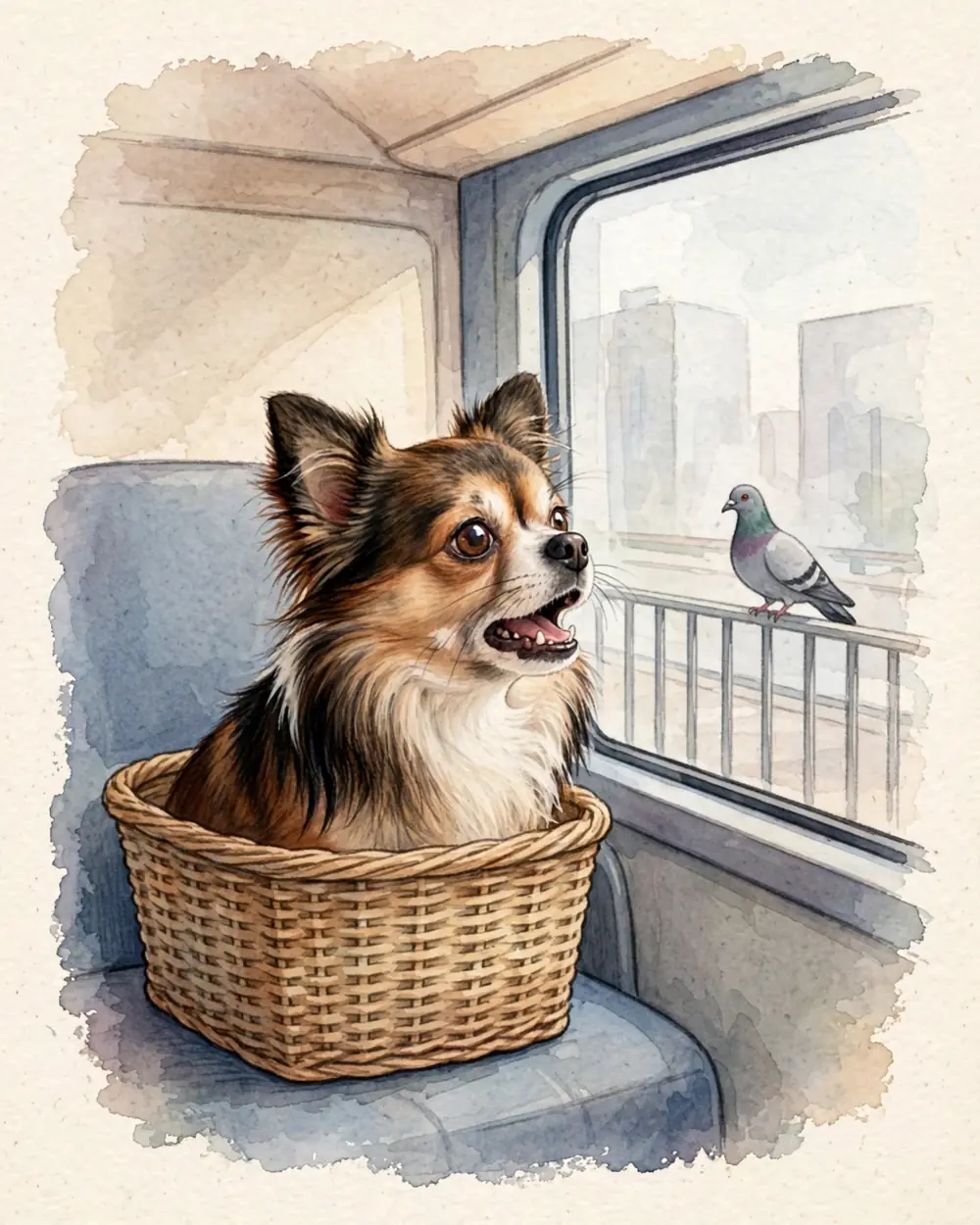 Inside a present-day city bus, soft daylight. Pip's head and chest show above the rim of a small wicker carrier basket, the size of a shoebox, resting on a bus seat by the window. Outside the window, on a railing, sits one grey pigeon looking back at her.