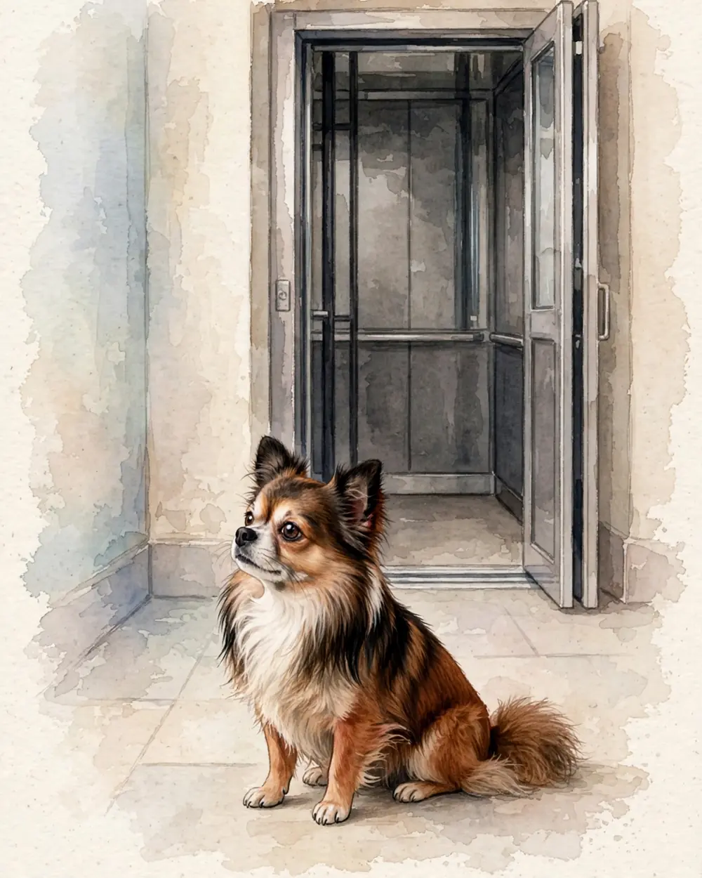 The landing of an old city building, soft daylight. Behind Pip, the doors of a present-day lift stand open, its small interior plain and empty. Pip sits firmly on the landing floor with her back to it.