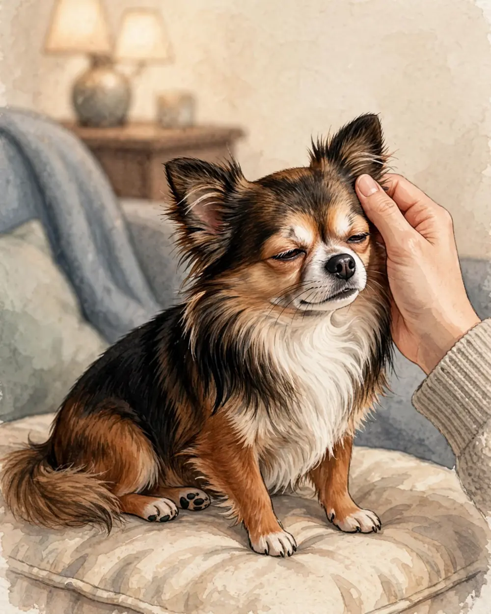 A cosy corner of a living room in soft lamplight. Pip sits on a cushion; one adult hand gently rubs the base of one of her big upright ears.