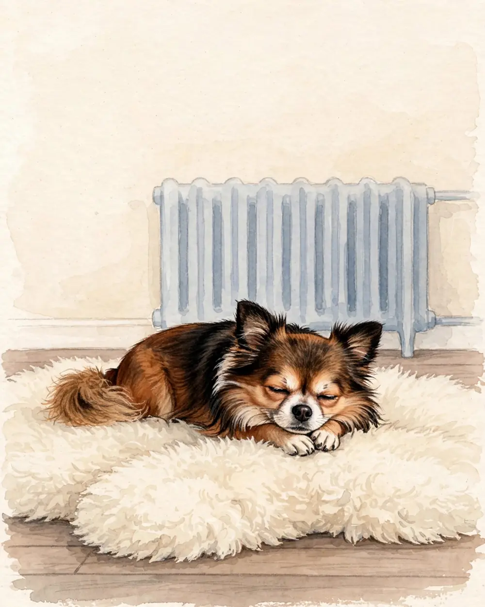 A warm living room in winter light. Pip lies curled on a pale fluffy sheepskin rug on a wooden floor in front of a painted radiator.