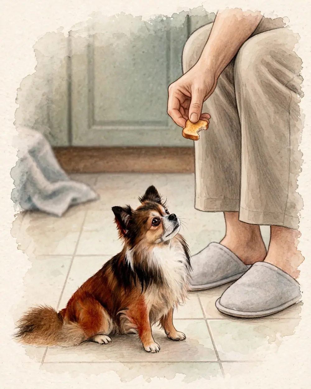 A small kitchen in morning light, a tiled floor. A woman sits on a kitchen chair; beside her slippers on the floor sits Pip, looking up at one small warm toast crust the woman holds low beside her knee.