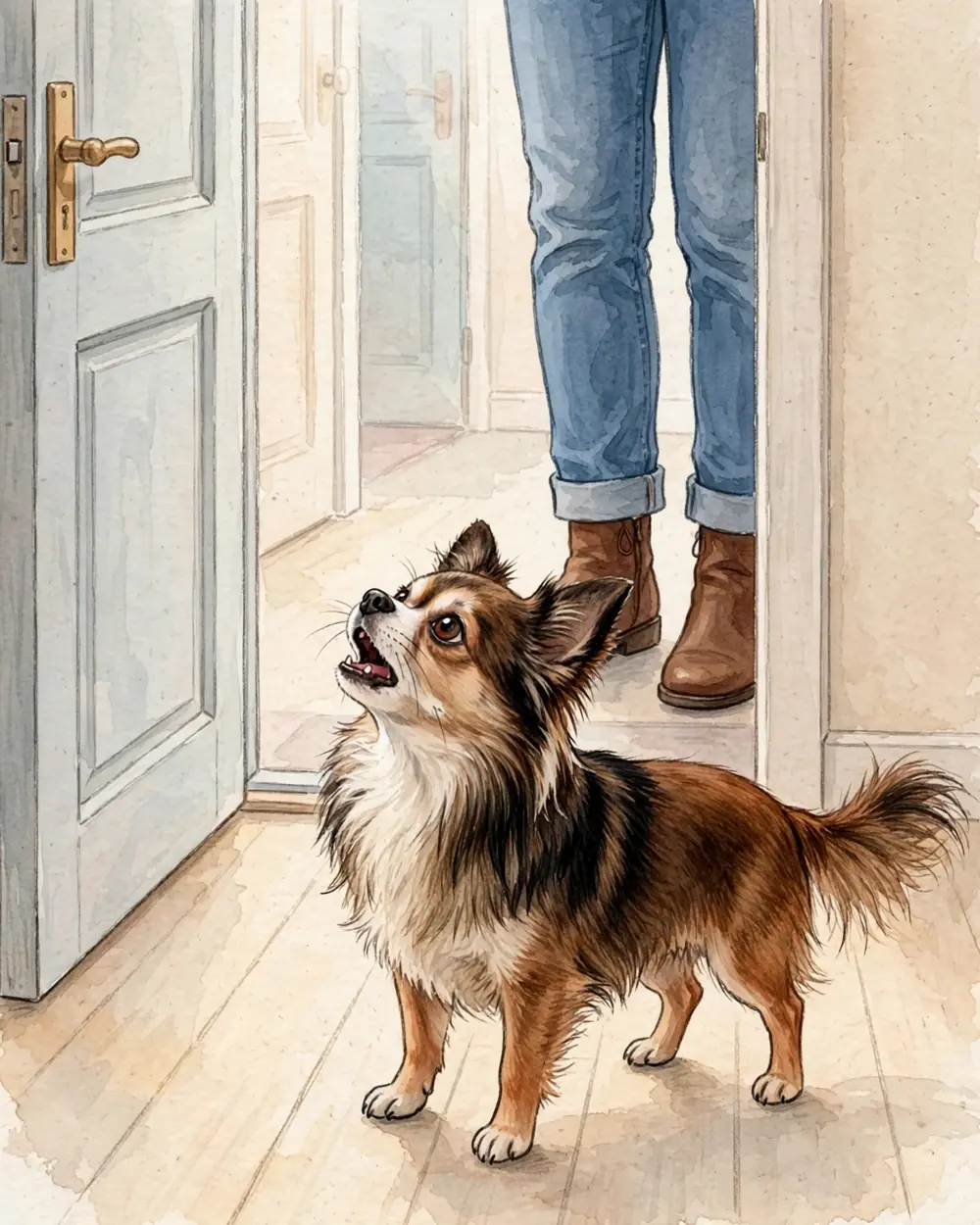 Inside the front door of a small city flat, soft daylight from the landing. The door stands open and a visitor has just stepped in; Pip stands on the floor in front of her, barking.