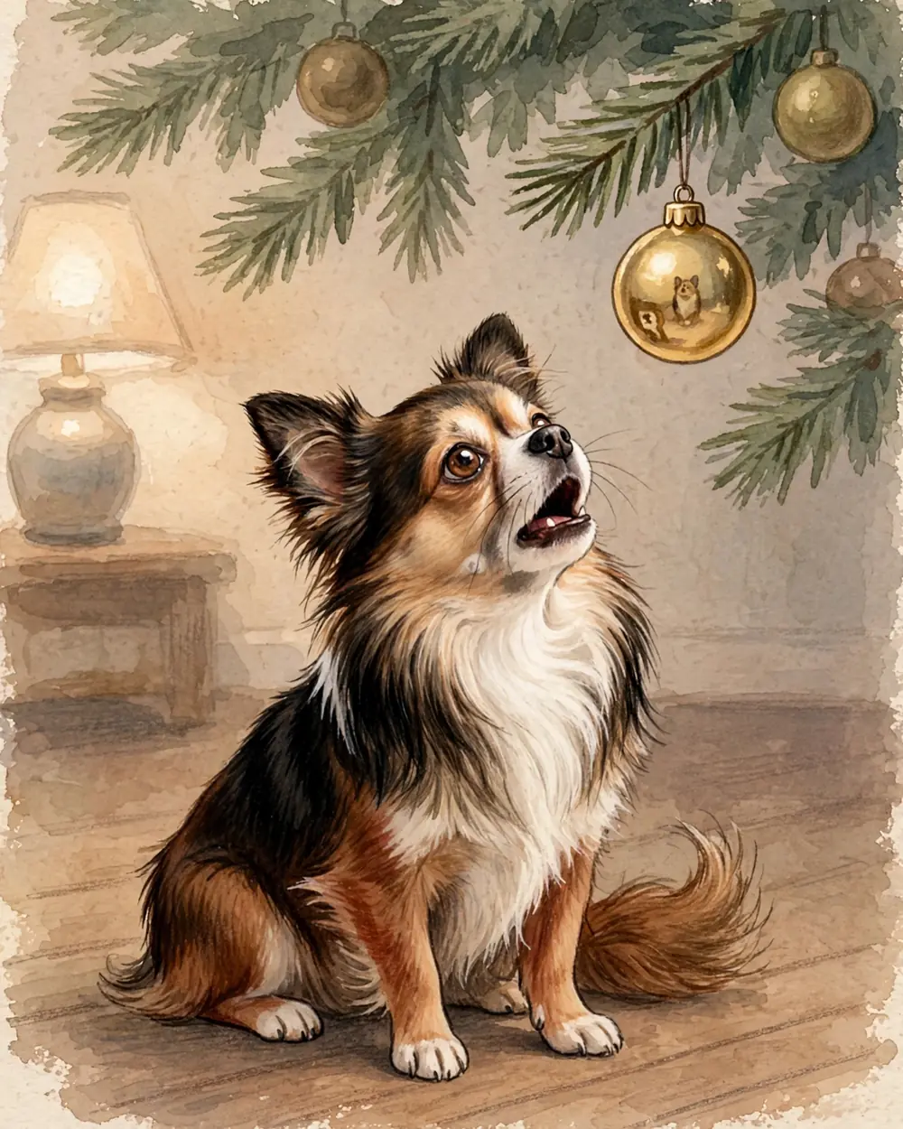 Evening, warm lamplight. Pip sits on the floor in front of a decorated Christmas tree, barking up at one round shiny gold bauble hanging on the lowest branch, a tiny soft reflection of her in its surface.