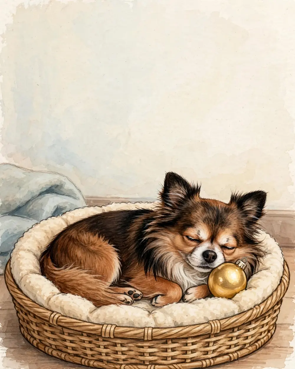 Pale winter daylight. Pip lies curled asleep in her small round dog bed on the floor; tucked beside her in the bed is one round shiny gold Christmas bauble.