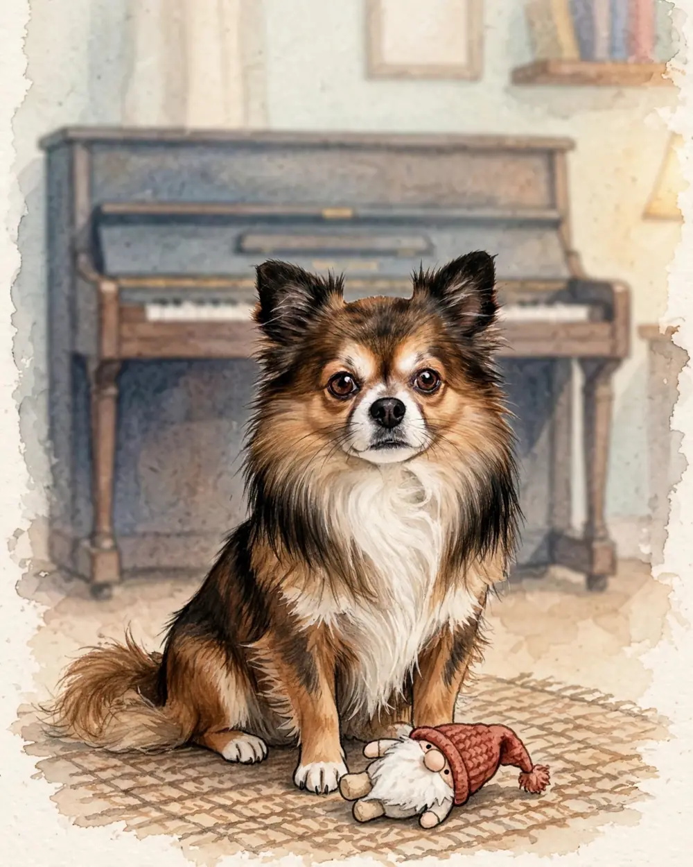 A lamplit living room in a small city flat, an upright piano soft in the background. Pip sits upright on a rug; lying at her front paws is her toy: a small soft handmade gnome with a red knitted hat and a woolly white beard.