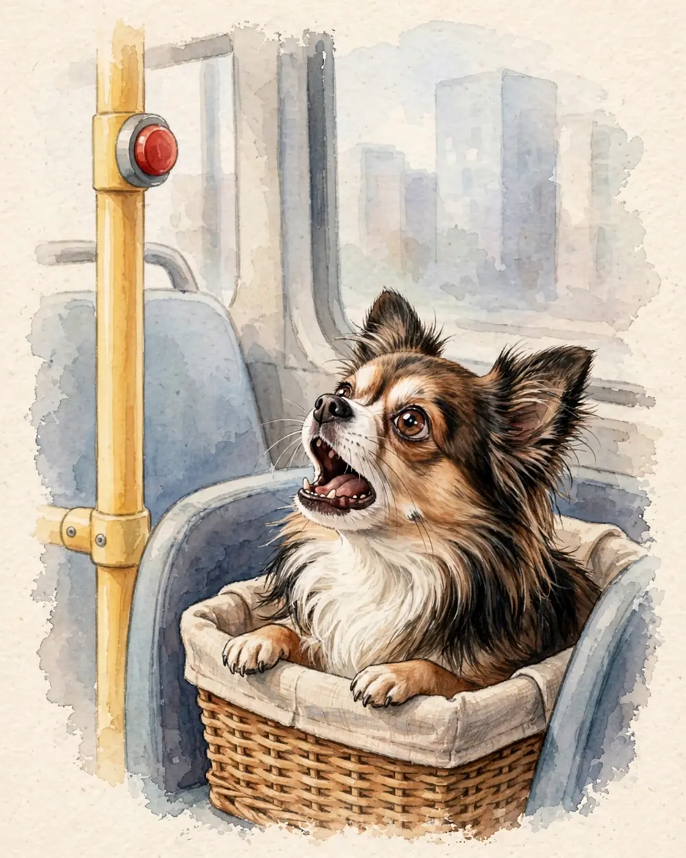 Inside a present-day city bus, soft daylight. Pip's head and chest show above the rim of a small wicker carrier basket, the size of a shoebox, on a bus seat. Beside the seat stands a vertical yellow grab pole with a small round red stop-bell button on it; Pip barks up at the button.
