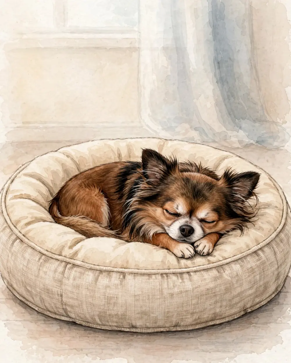Early morning, pale soft light from a window. Pip curls back up in her small round dog bed on the floor, settling down to sleep again.